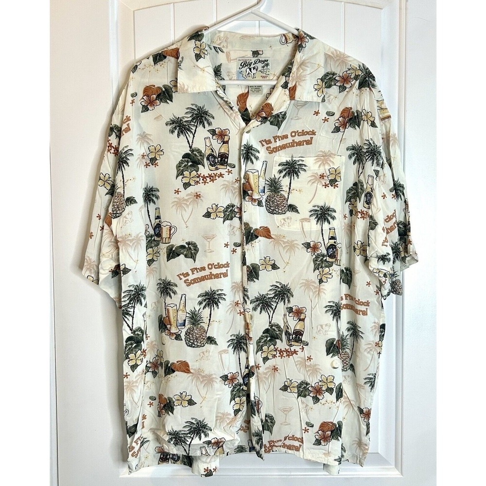 Mens Authenic Big Dogs Hawaiian Shirt Sz XL Button Up Its Five O'Clock Somewhere